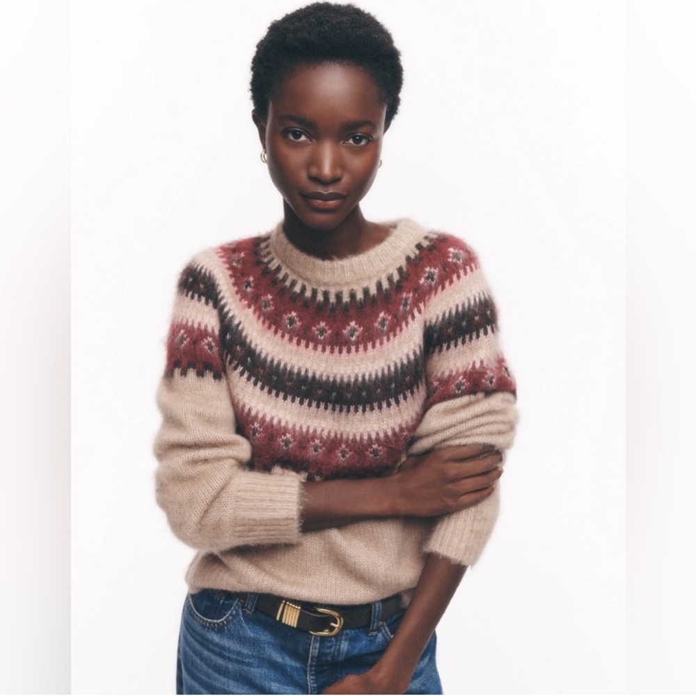 Madewell Alpaca Blend Tan and Wine Crew Neck Sweater with Fair Isle Pattern